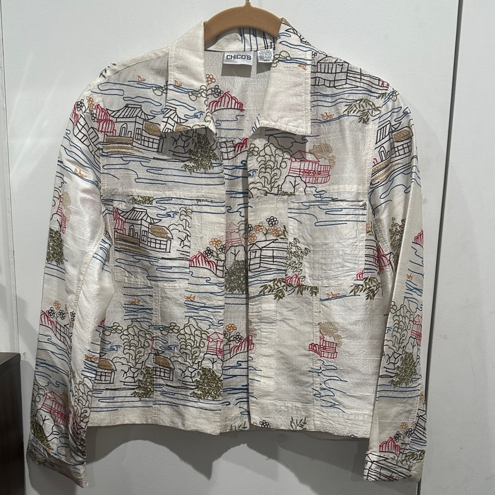 Chico's Cream Scenic Print Jean Jacket with Multicolor Motif